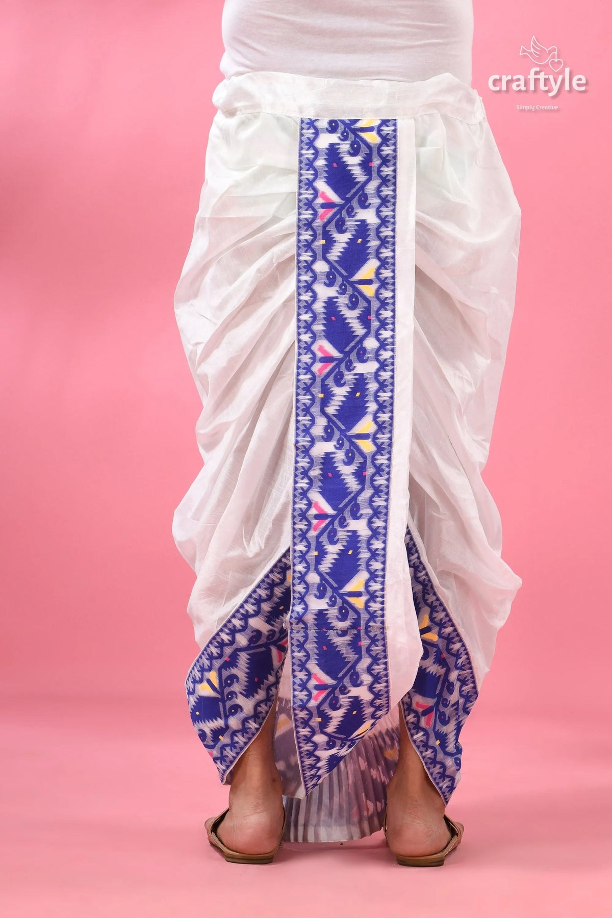 Blue jamdani border mayur puchha silk dhoti - ready to wear white ikat patterned sarong 3