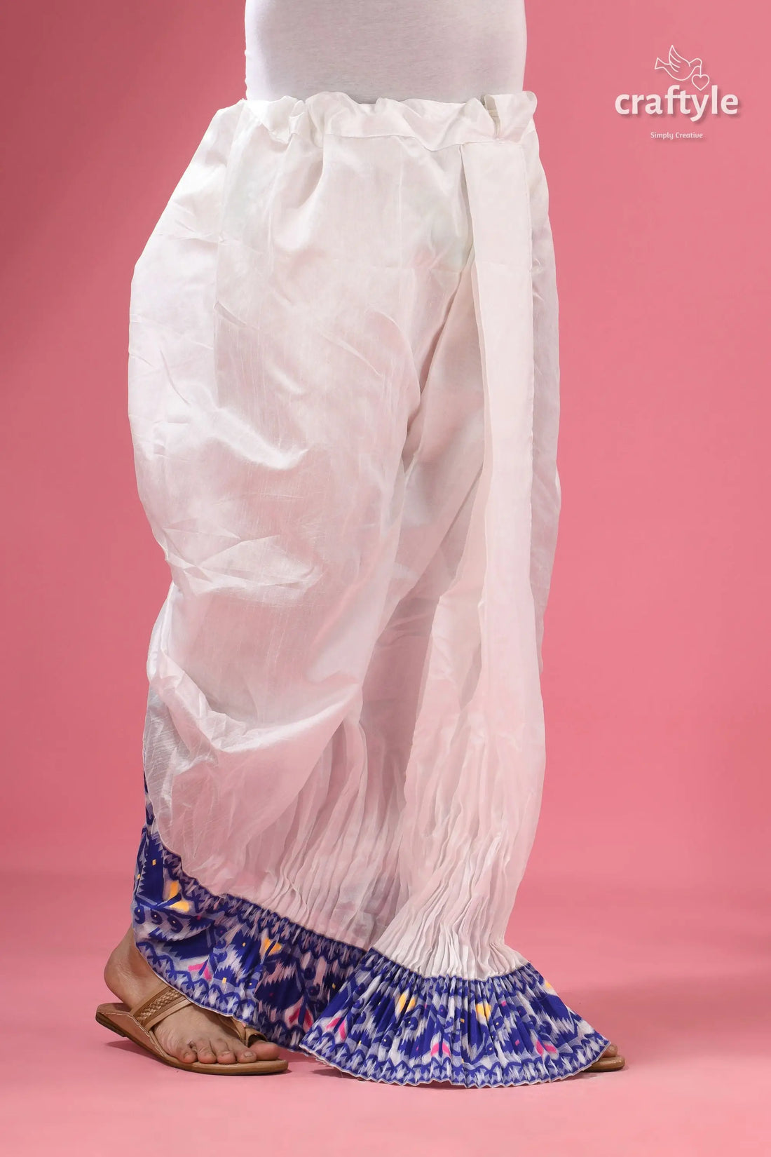 Blue jamdani border mayur puccha silk dhoti - ready to wear white cotton churidar blue purple 2