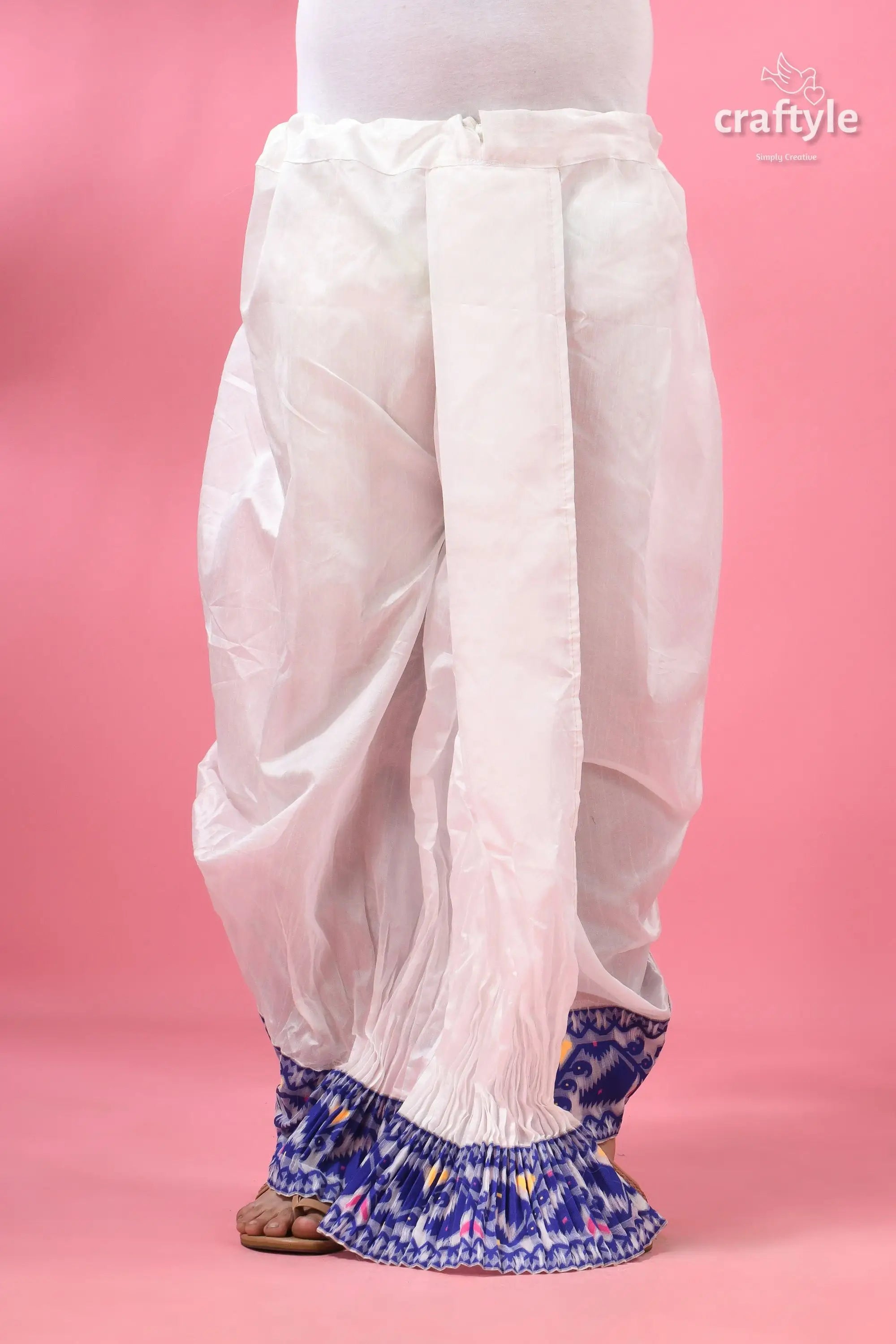 Blue jamdani border mayur puccha silk dhoti - ready to wear white cotton pants blue floral 1