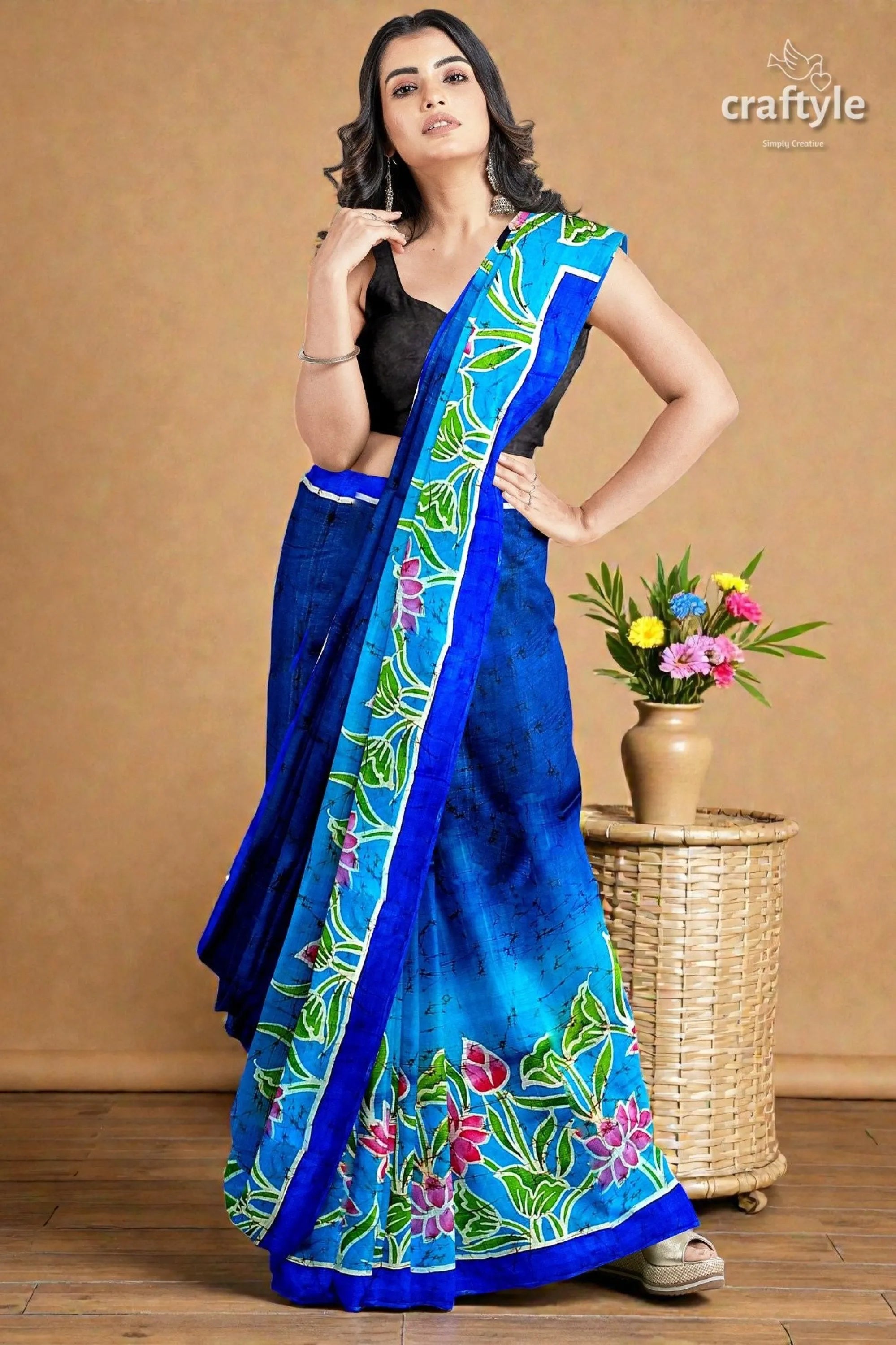 Blue lotus motif ma durga painted hand batik pure mulberry silk sare vibrant blue saree floral pattern 2