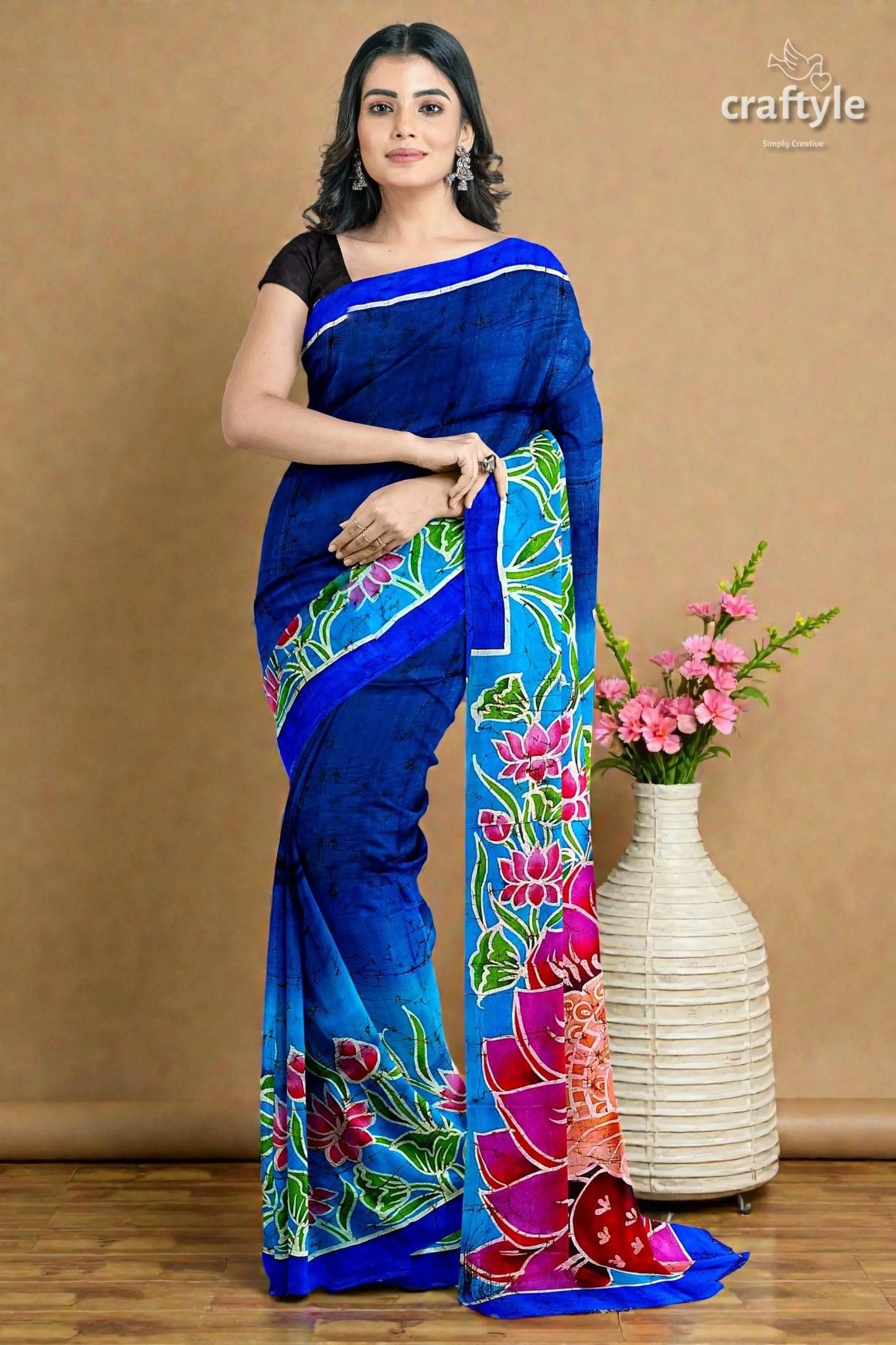 Blue lotus motif ma durga painted hand batik pure mulberry silk sare vibrant royal blue silk saree 4