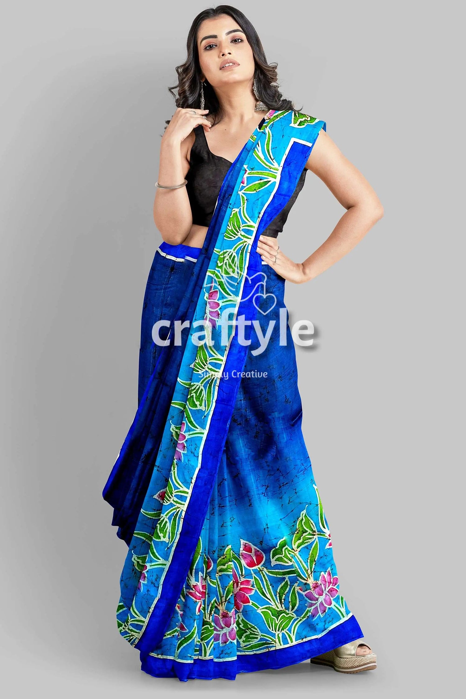 Blue lotus motif ma durga painted hand batik pure mulberry silk sare blue floral-patterned saree 2