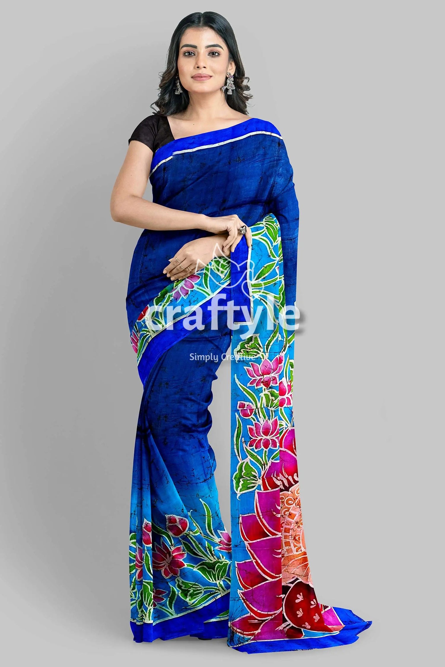 Blue lotus motif ma durga painted hand batik pure mulberry silk sare blue floral-patterned saree 3