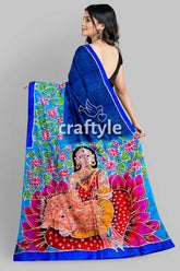Blue lotus motif ma durga painted hand batik pure mulberry silk sare blue patterned saree 5