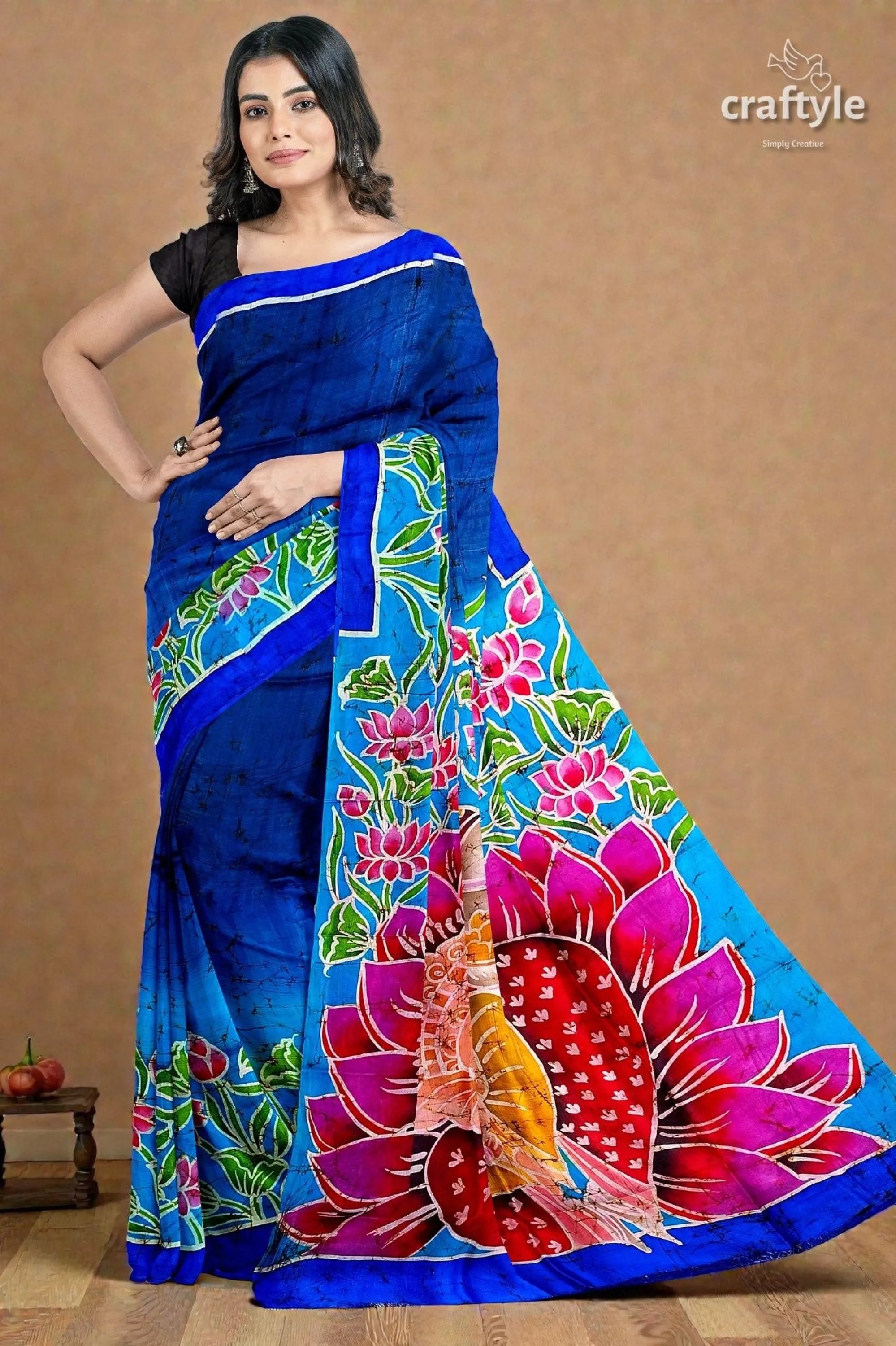 Blue lotus motif ma durga painted hand batik pure mulberry silk sare vibrant blue silk saree bold 5