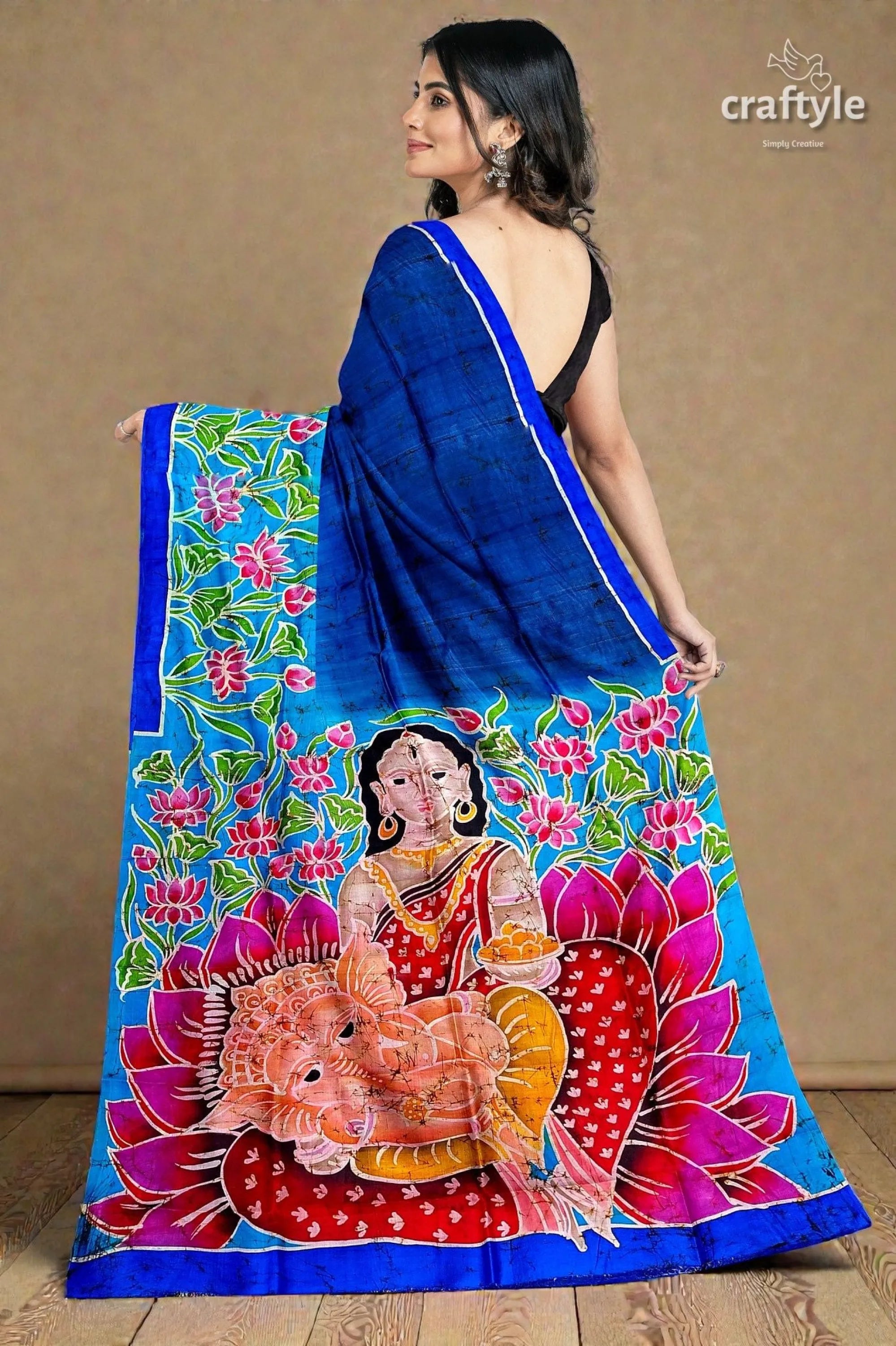 Blue lotus motif ma durga painted hand batik pure mulberry silk sare vibrant blue silk saree hand-painted 3