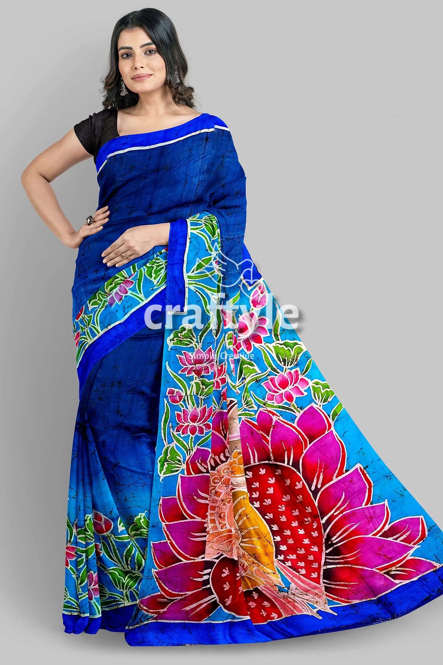 Blue lotus motif ma durga painted hand batik pure mulberry silk sare blue saree floral peacock design 4