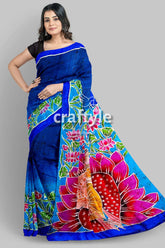 Blue lotus motif ma durga painted hand batik pure mulberry silk sare blue saree floral peacock design 4