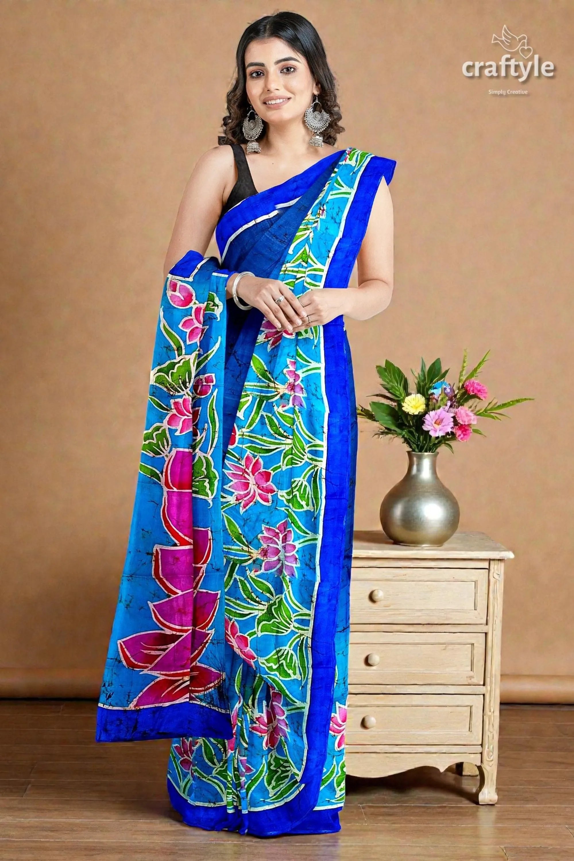 Blue lotus motif ma durga painted hand batik pure mulberry silk sare vibrant blue saree bold pink 1