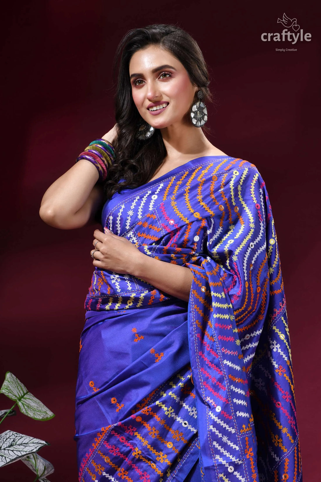 Blueberry blue hand kutch embroidered silk saree with mirror work vibrant royal blue saree adorned 2