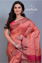 Blush color hand block print zari border pure tussar silk saree peach-colored saree floral pattern 2