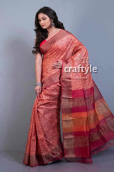 Blush color hand block print zari border pure tussar silk saree elegant patterned saree colorful border 1