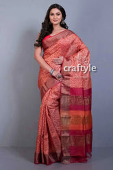 Blush color hand block print zari border pure tussar silk saree woman patterned saree 3