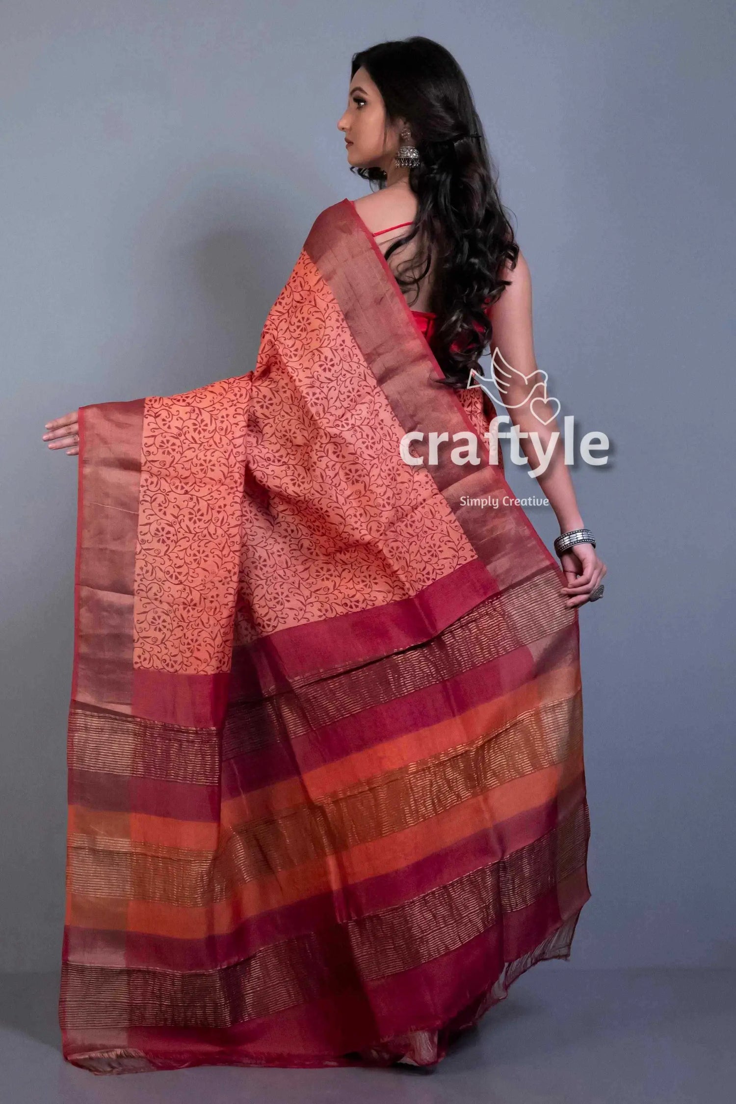 Blush color hand block print zari border pure tussar silk saree peach-colored saree patterned body striped 4