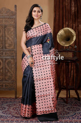 Blush pink & black hand block printed pure tussar silk bishnupuri saree polka-dotted saree 1