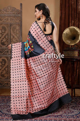 Blush pink & black hand block printed pure tussar silk bishnupuri saree pink polka dot saree 4