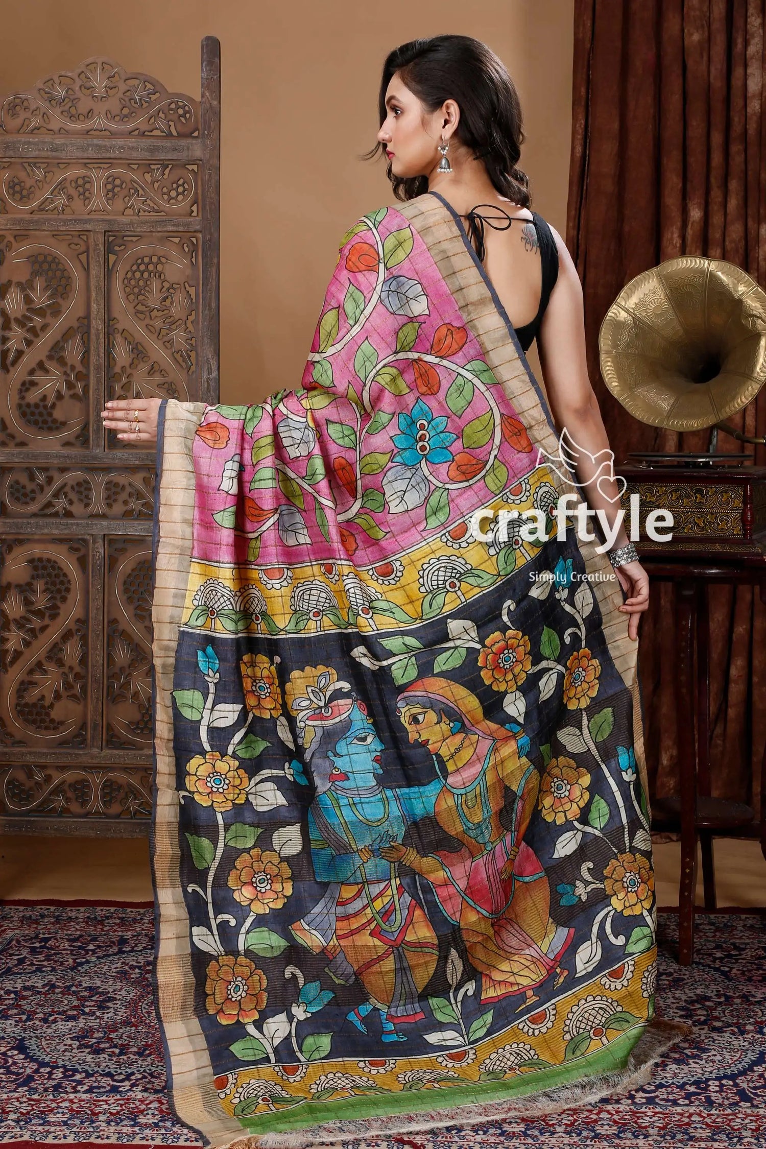 Blush pink hand painted zari pure tussar kalamkari design saree painted silk saree 4