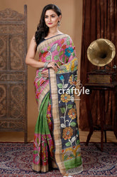 Blush pink hand painted zari pure tussar kalamkari design saree woman colorful saree 1