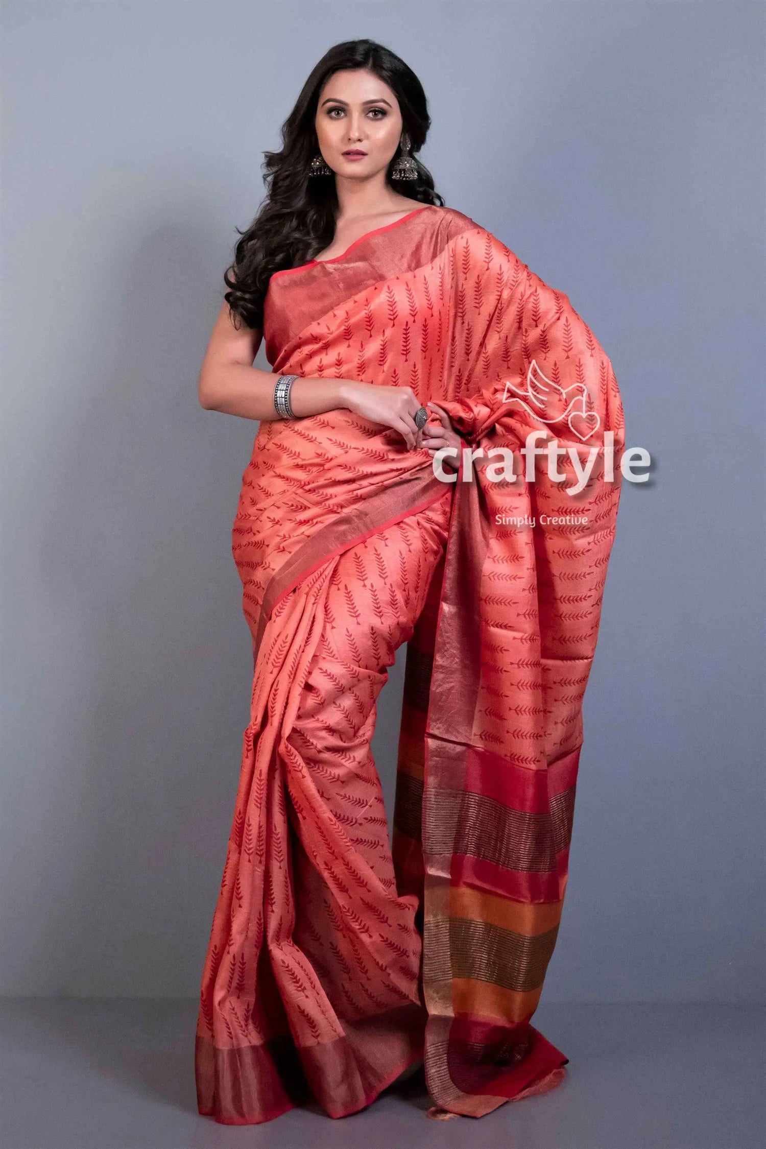Blush red block printed zari pure tussar silk bishnupuri sarees peach-colored saree striped pattern 3