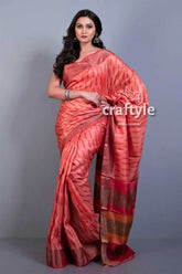 Blush red block printed zari pure tussar silk bishnupuri sarees peach-colored saree striped pattern 3