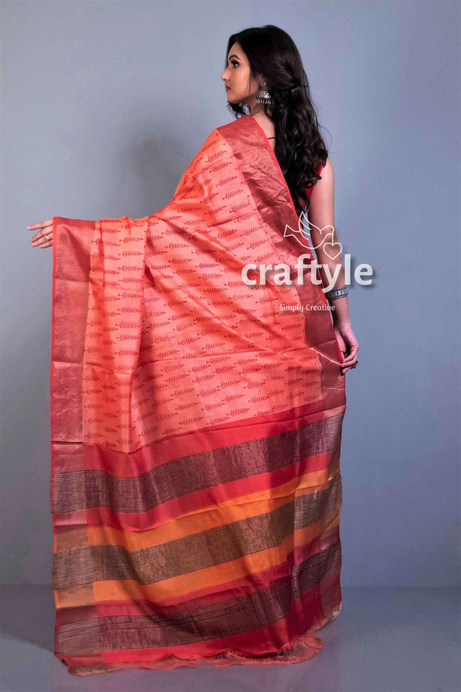 Blush red block printed zari pure tussar silk bishnupuri sarees peach-colored saree striped border 4