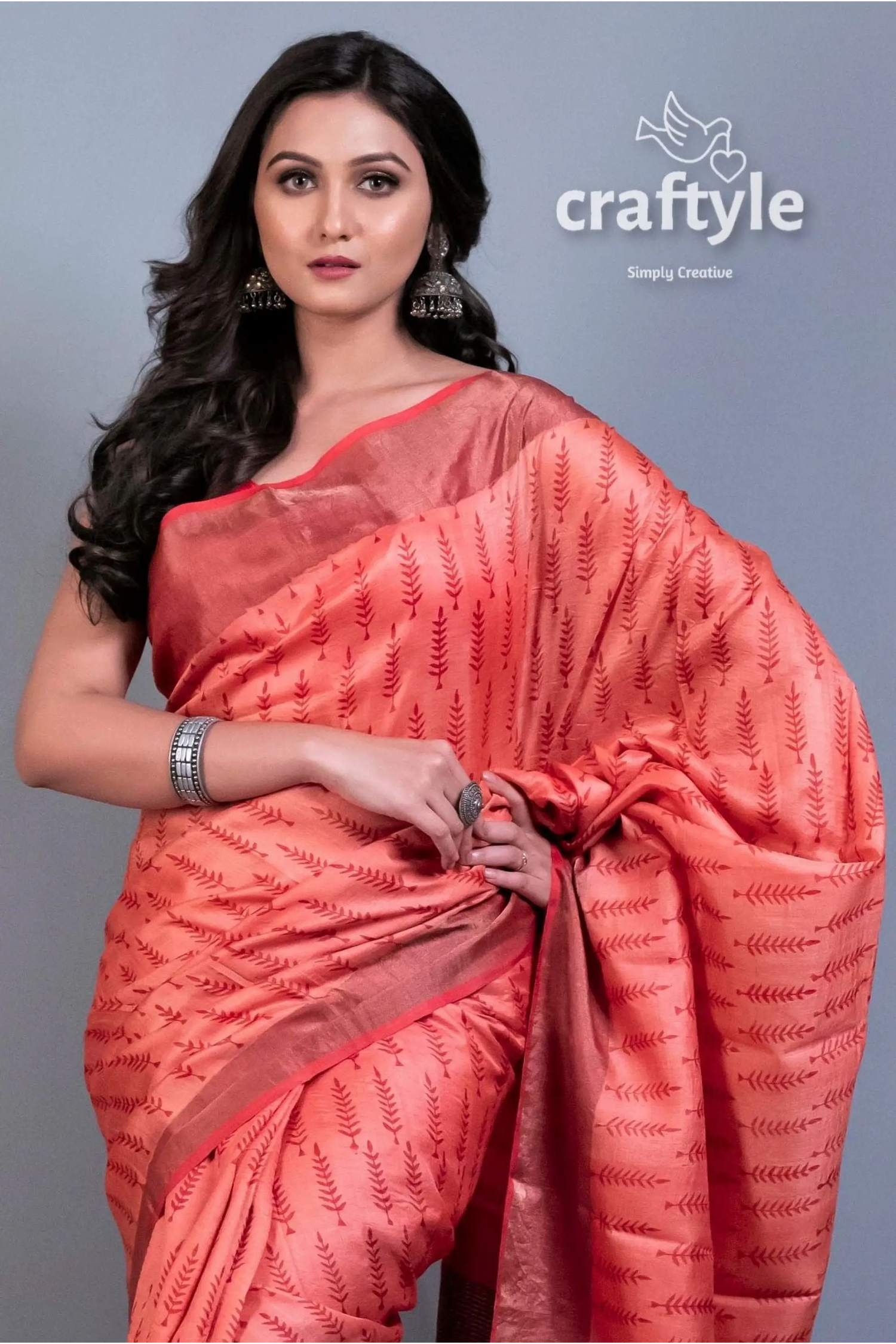 Blush red block printed zari pure tussar silk bishnupuri sarees peach saree leaf pattern 2