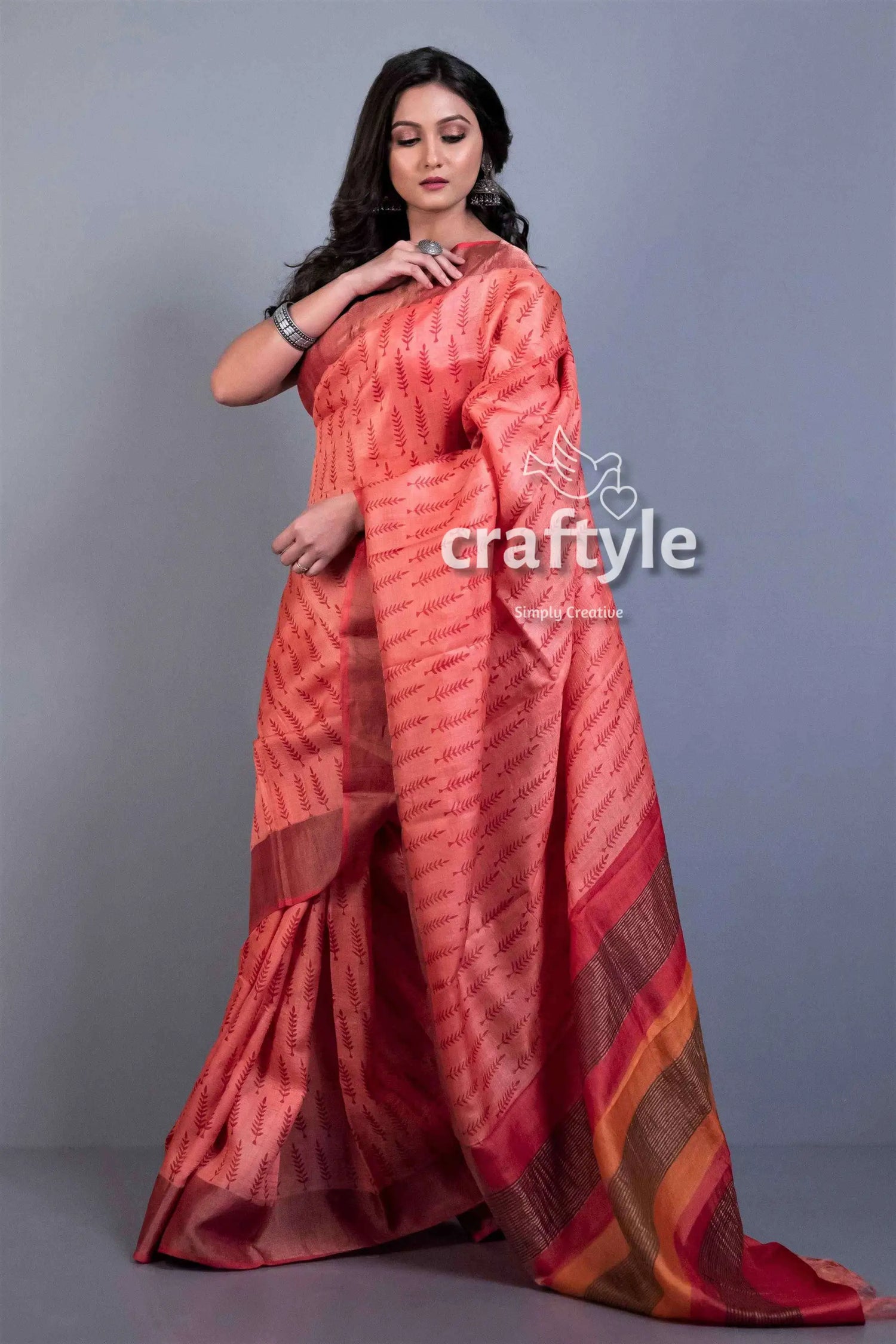 Blush red block printed zari pure tussar silk bishnupuri sarees peach-colored patterned saree 1