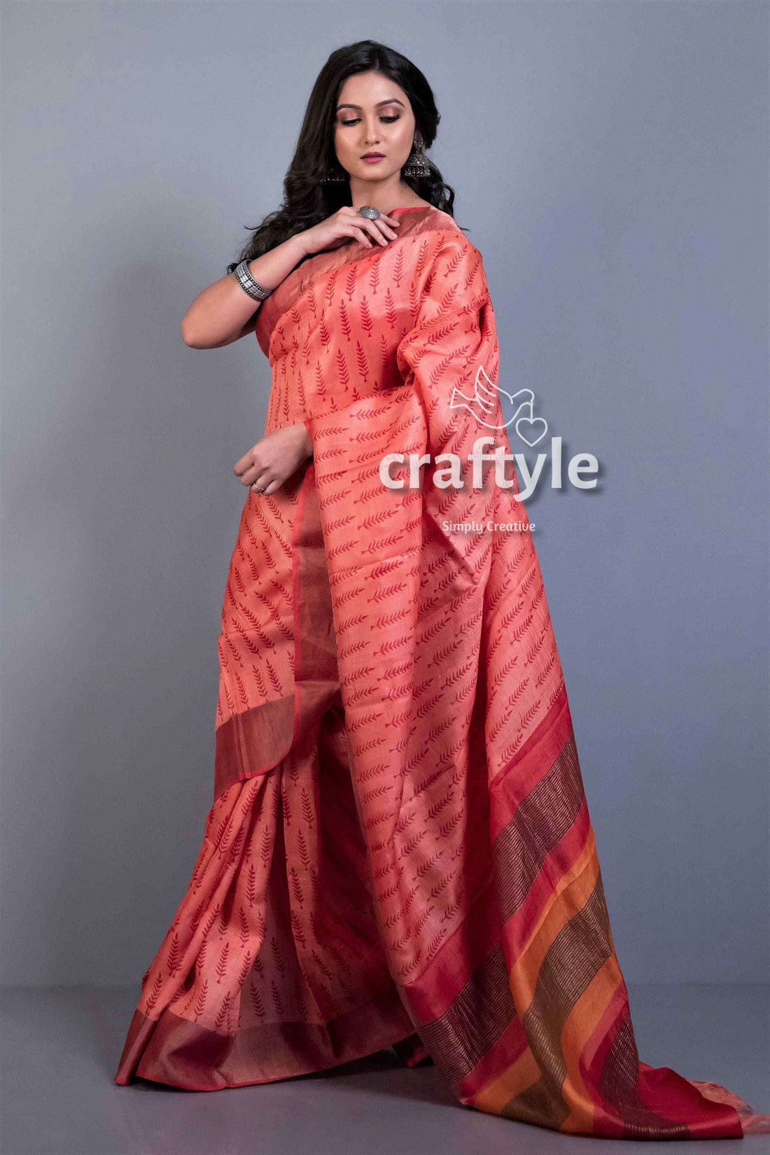 Blush Red Block Printed Zari Pure Tussar Silk Bishnupuri Sarees - Craftyle