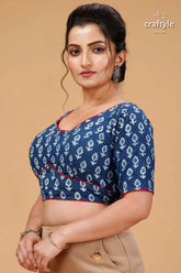 Bold astronaut blue dabu print cotton blouse blue short-sleeved blouse white leaf 3