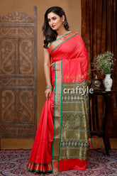 Bomkai silk saree with zari border - light rose red red saree green gold border 3