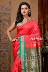 Bomkai silk saree with zari border - light rose red red gold saree green trim 2