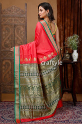 Bomkai silk saree with zari border - light rose red woman red green saree 4