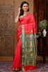 Bomkai silk saree with zari border - light rose red woman red green saree 1