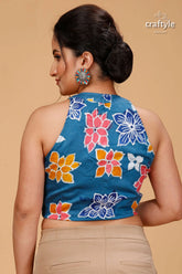 Bondi blue floral hand batik pure cotton blouse teal halter neck crop colorful 2
