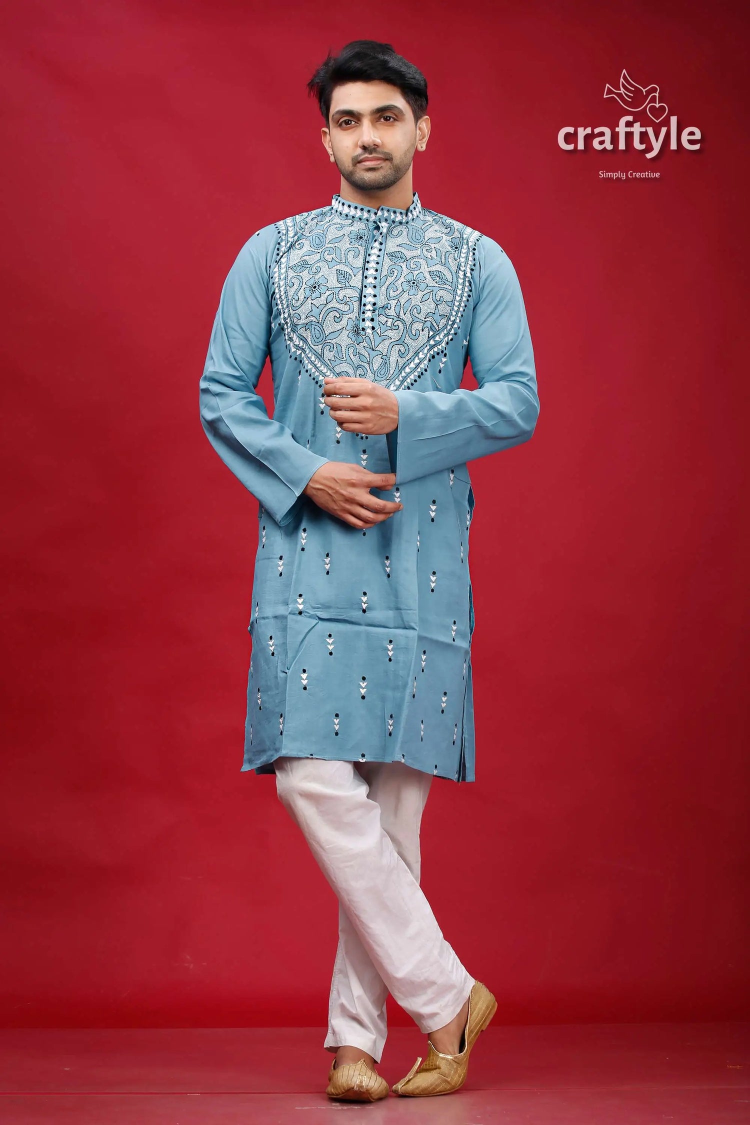 Boston blue designer cotton panjabi for men embroidered blue kurta white pants 1