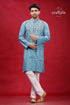 Boston blue designer cotton panjabi for men embroidered blue kurta white pants 1
