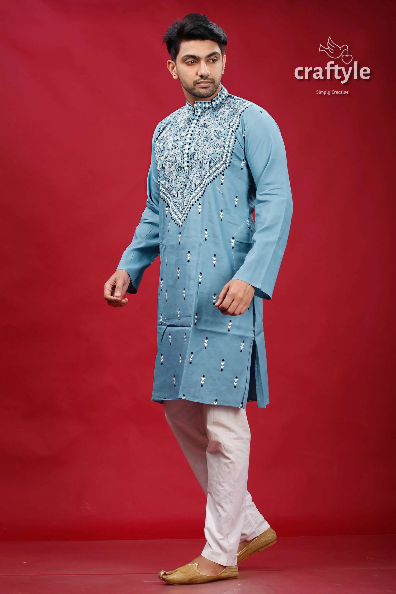 Boston blue designer cotton panjabi for men embroidered blue kurta white pants 3
