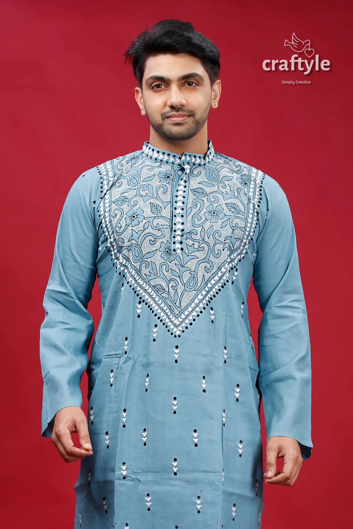 Boston blue designer cotton panjabi for men embroidered blue kurta 2