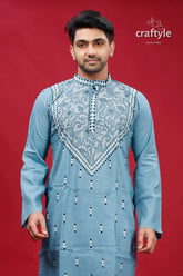 Boston blue designer cotton panjabi for men embroidered blue kurta 2