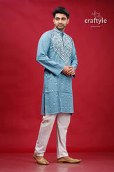 Boston blue designer cotton panjabi for men man embroidered kurta white pants 4