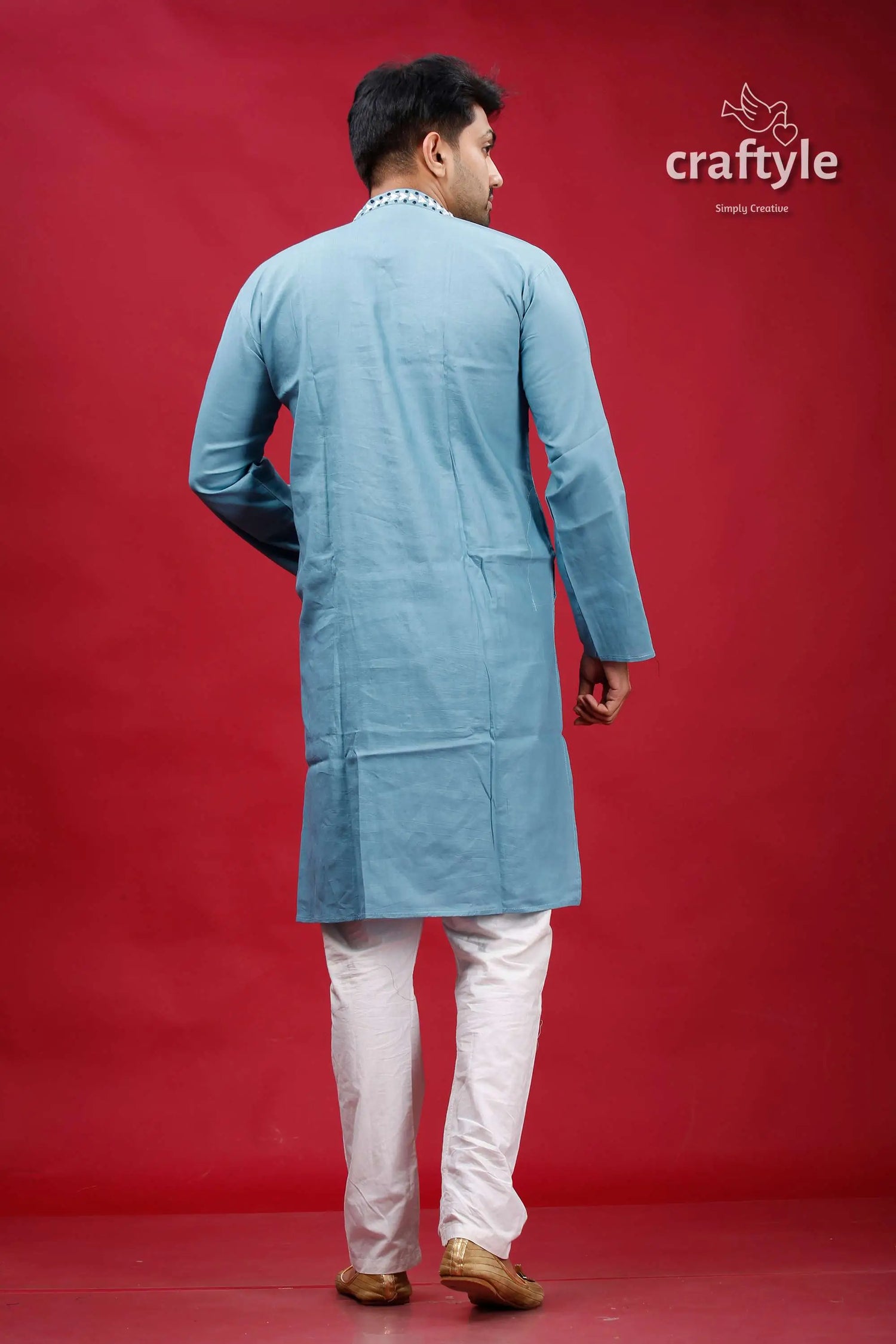 Boston blue designer cotton panjabi for men man’s blue kurta white pants 5