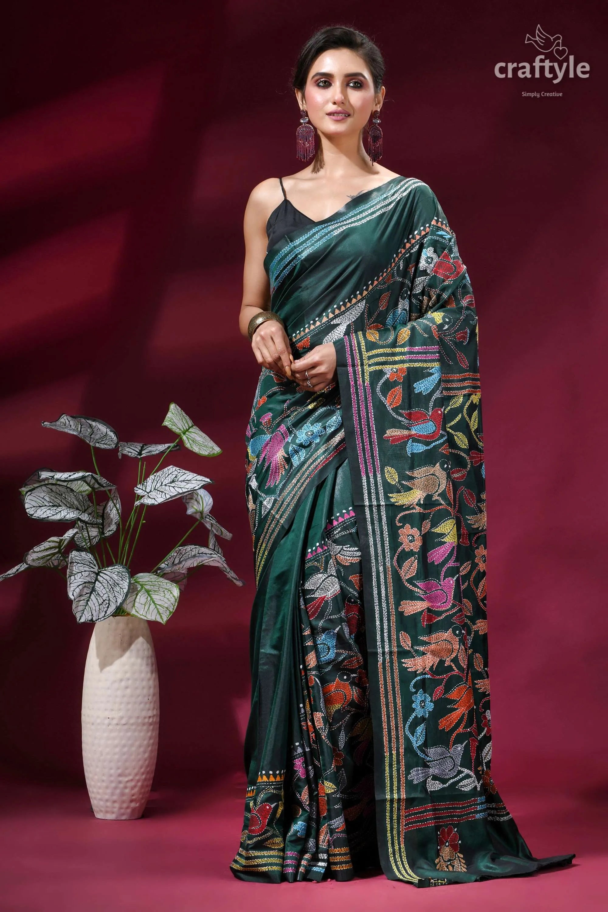 Bottle green bird motif hand embroidered silk kantha saree emerald green silk saree intricate 6