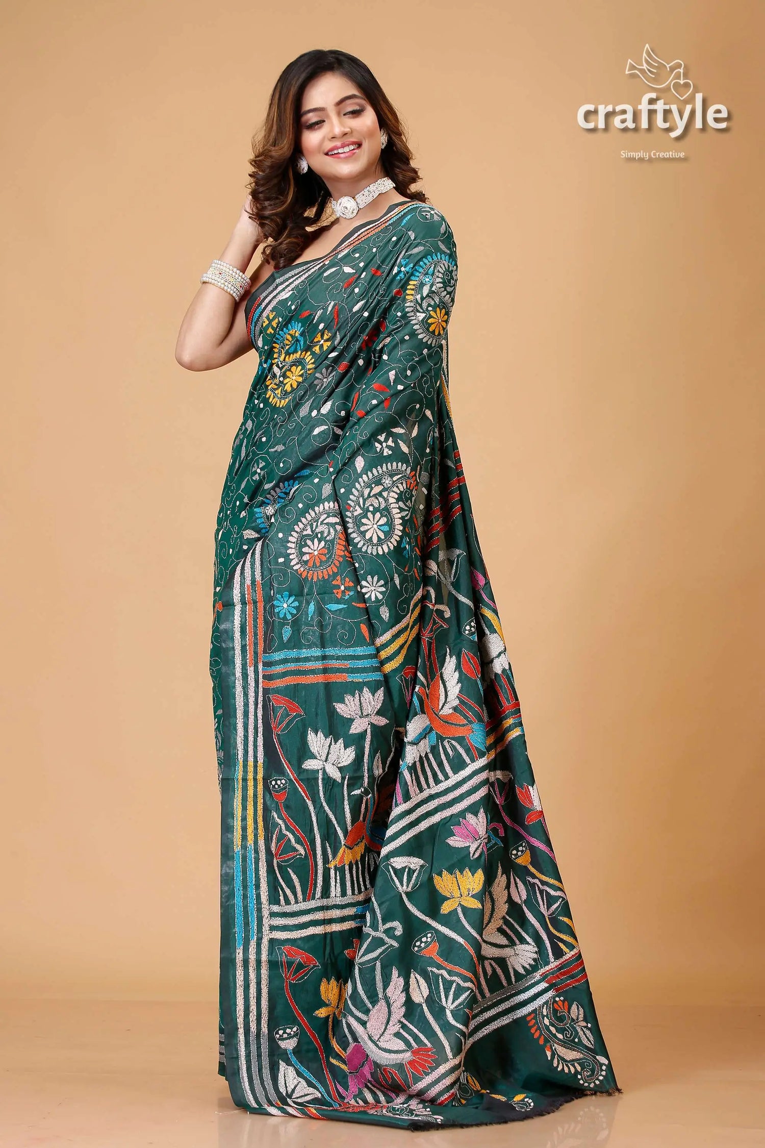 Bottle green bird motif premium kantha silk saree green floral patterned saree 4