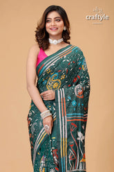 Bottle green bird motif premium kantha silk saree green floral embroidered saree 2