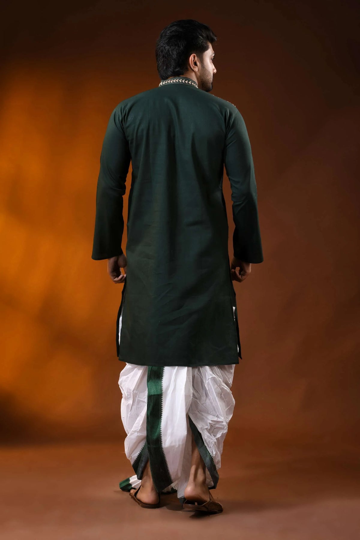 Bottle green cotton kantha punjabi for men - beige geometric embroidery 1