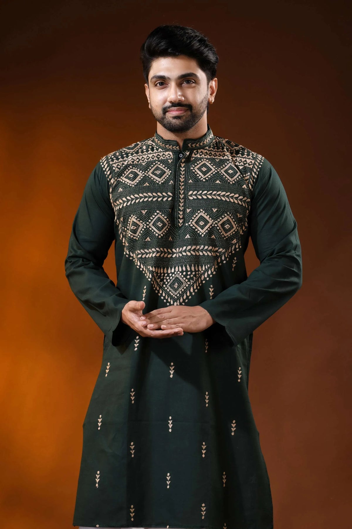 Bottle green cotton kantha punjabi for men - beige geometric embroidery 6