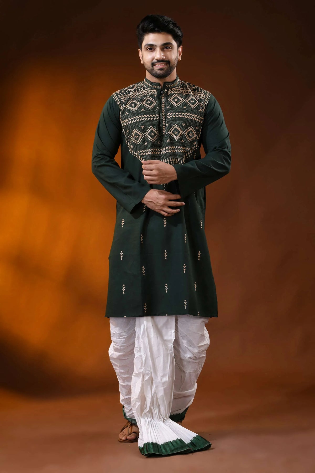 Bottle green cotton kantha punjabi for men - beige geometric embroidery 3