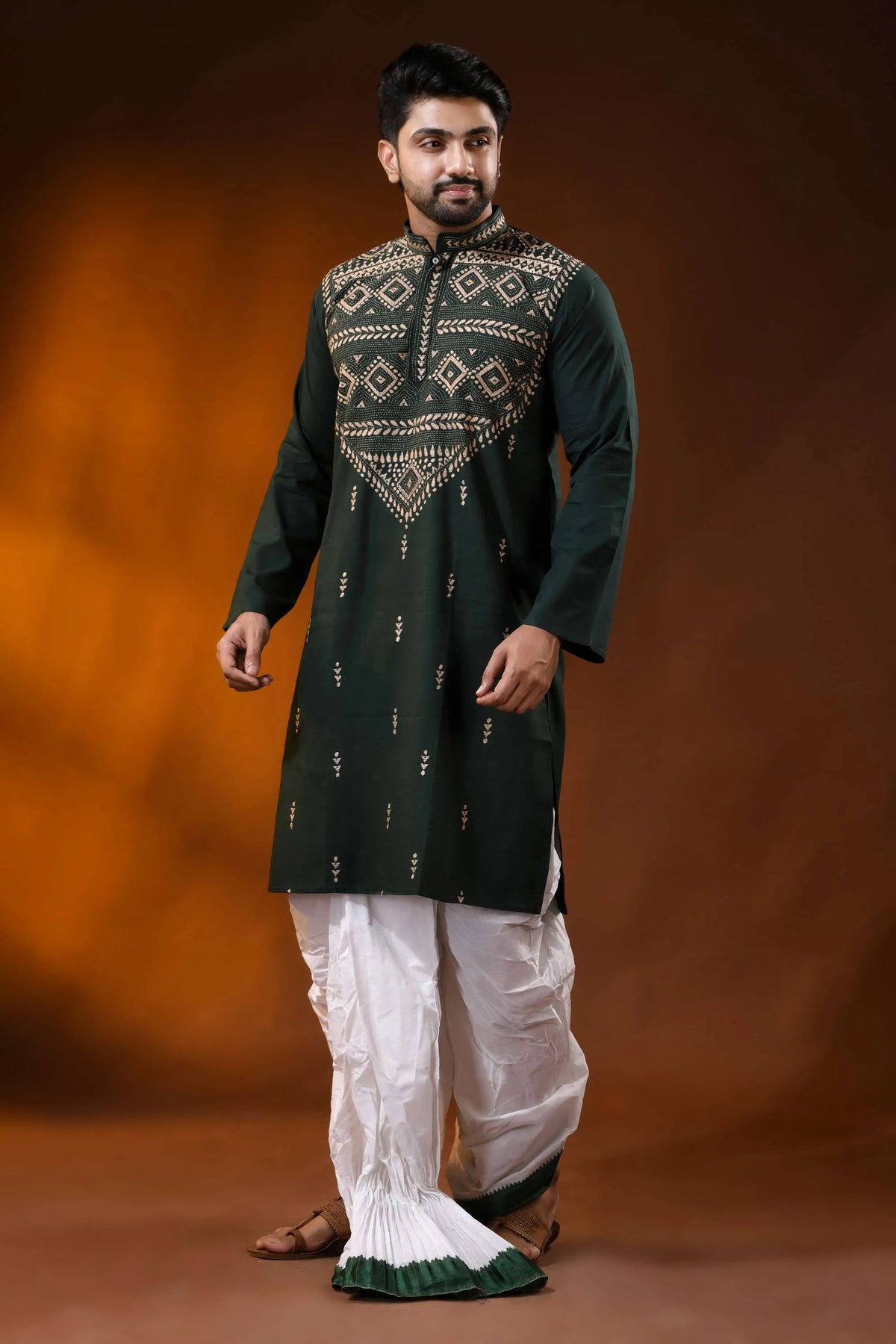 Bottle green cotton kantha punjabi for men - beige geometric embroidery 4