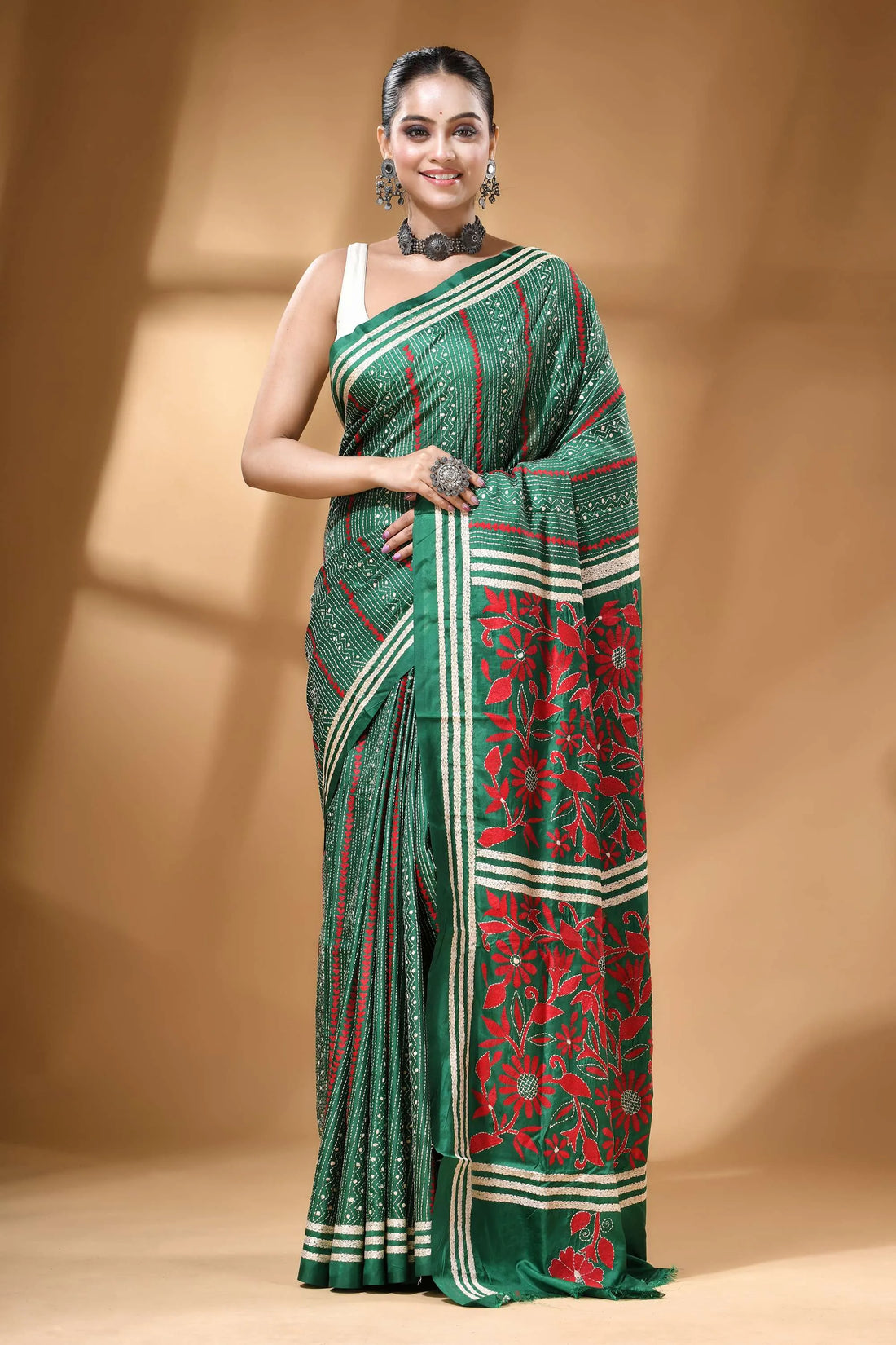 Bottle green floral design silk kantha embroidery saree 1
