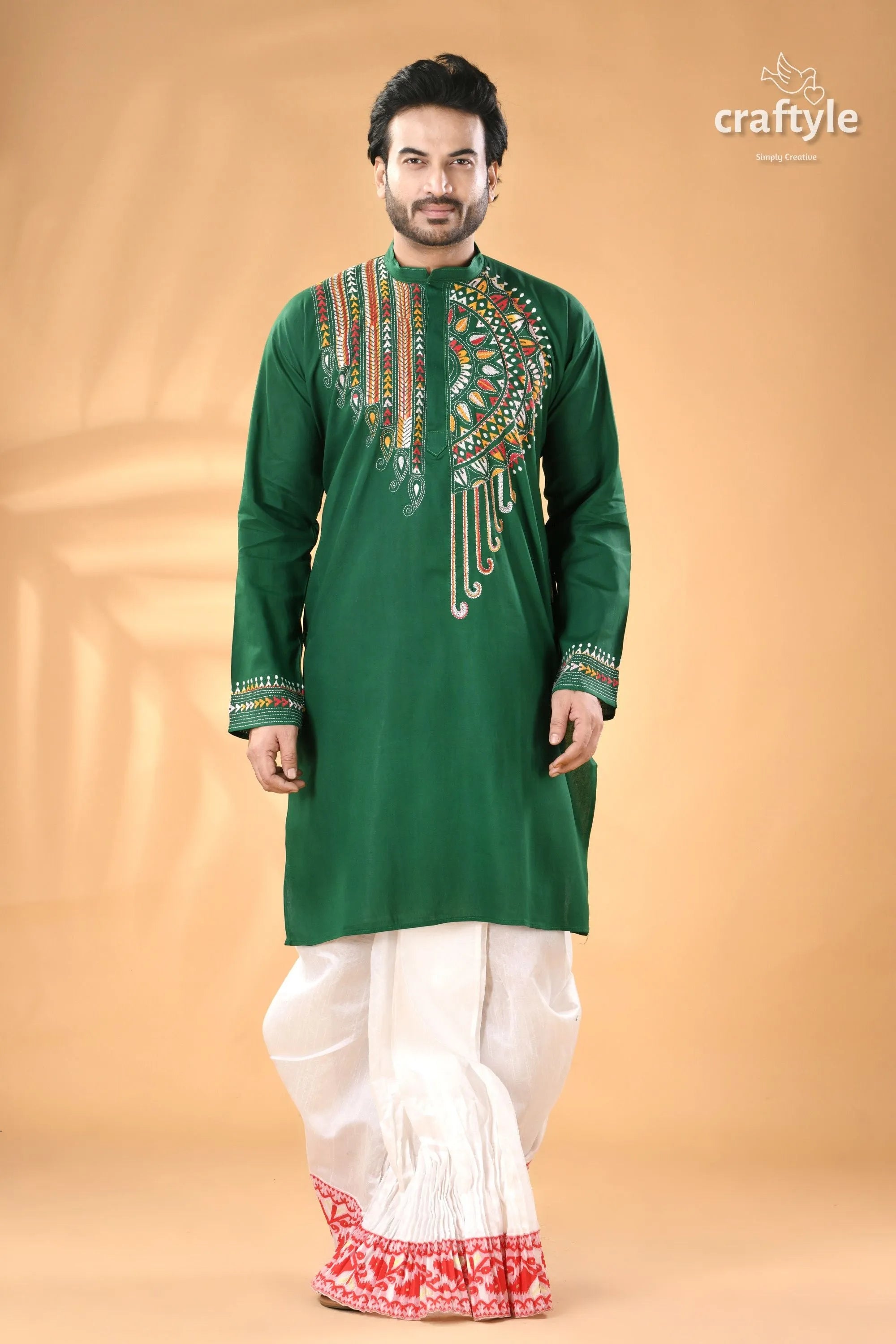 Bottle green kantha work ethnic cotton kurta for men man embroidered white 5